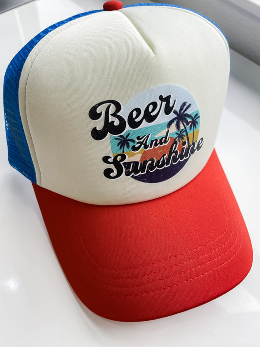 Beer and Sunshine Trucker Hat (red, white, + blue)
