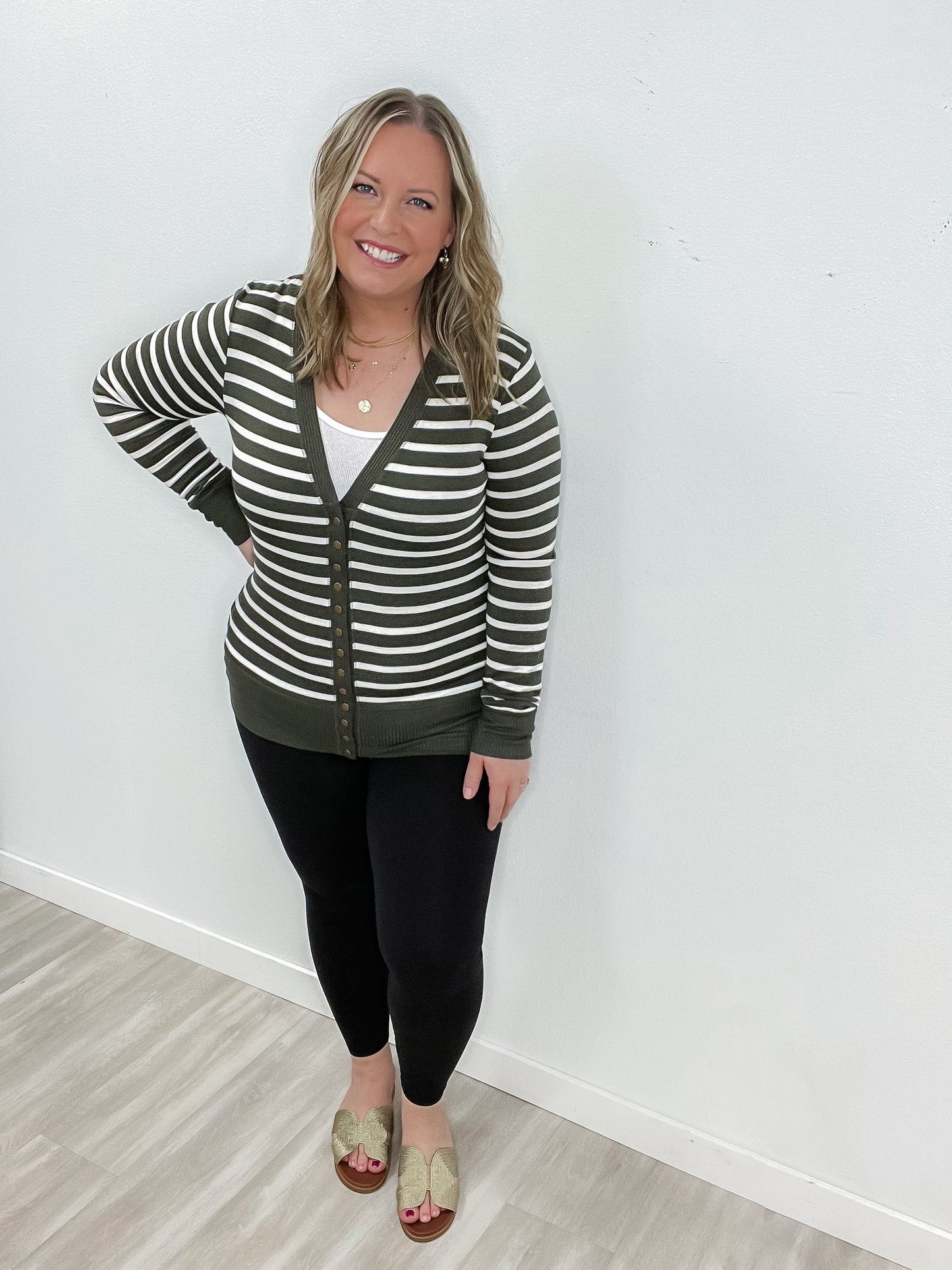 Striped Snap Button Cardigan (S-3X)
