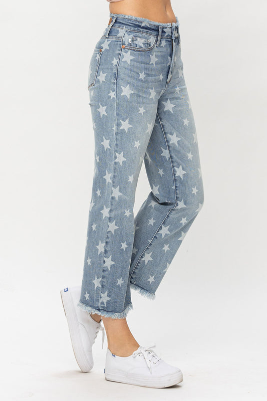 Star Print HR Cropped Straight Jeans